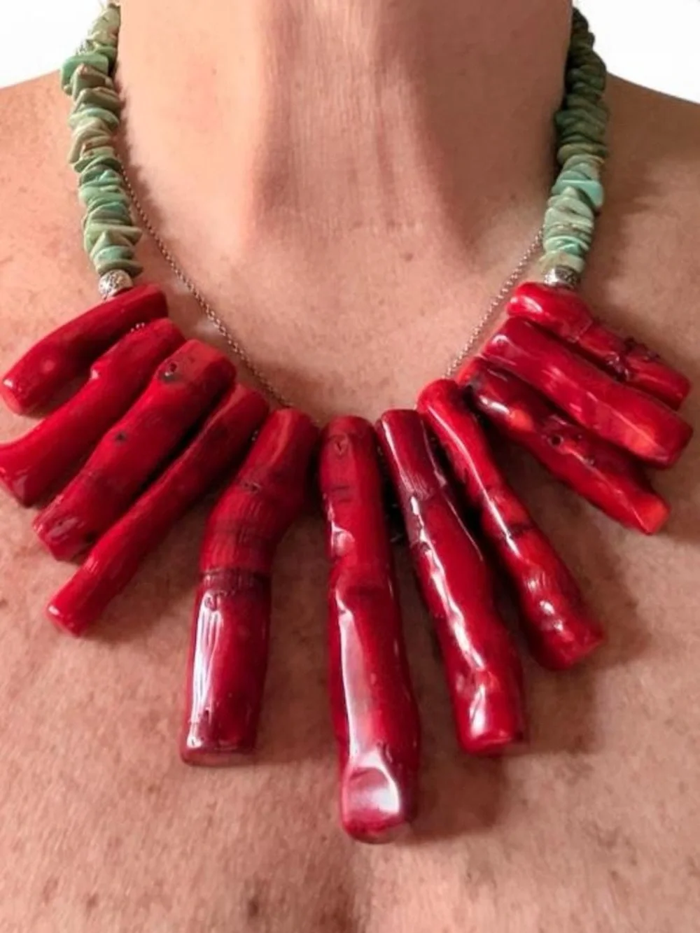 Huge Vintage Southwestern Statement Red Coral Branch Necklace Turquoise Shell